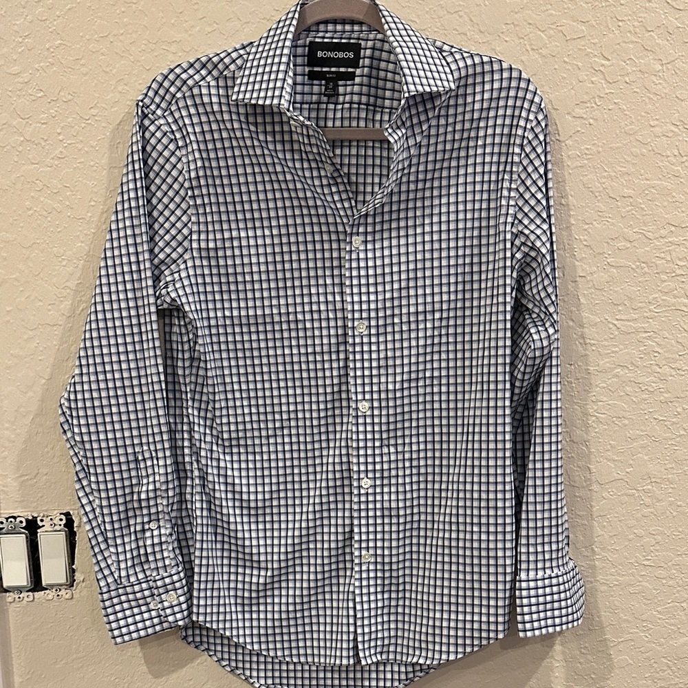 Bonobos Men's Black and White Checkered Shirt size 15 slim fit 33